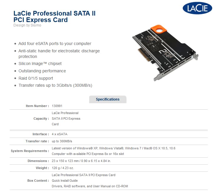 LaCie Professional SATA II PCI Express Card - 4 ports eSATA
