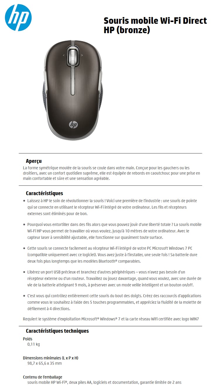 Souris mobile Wi-Fi Direct HP (bronze) (LQ083AA)