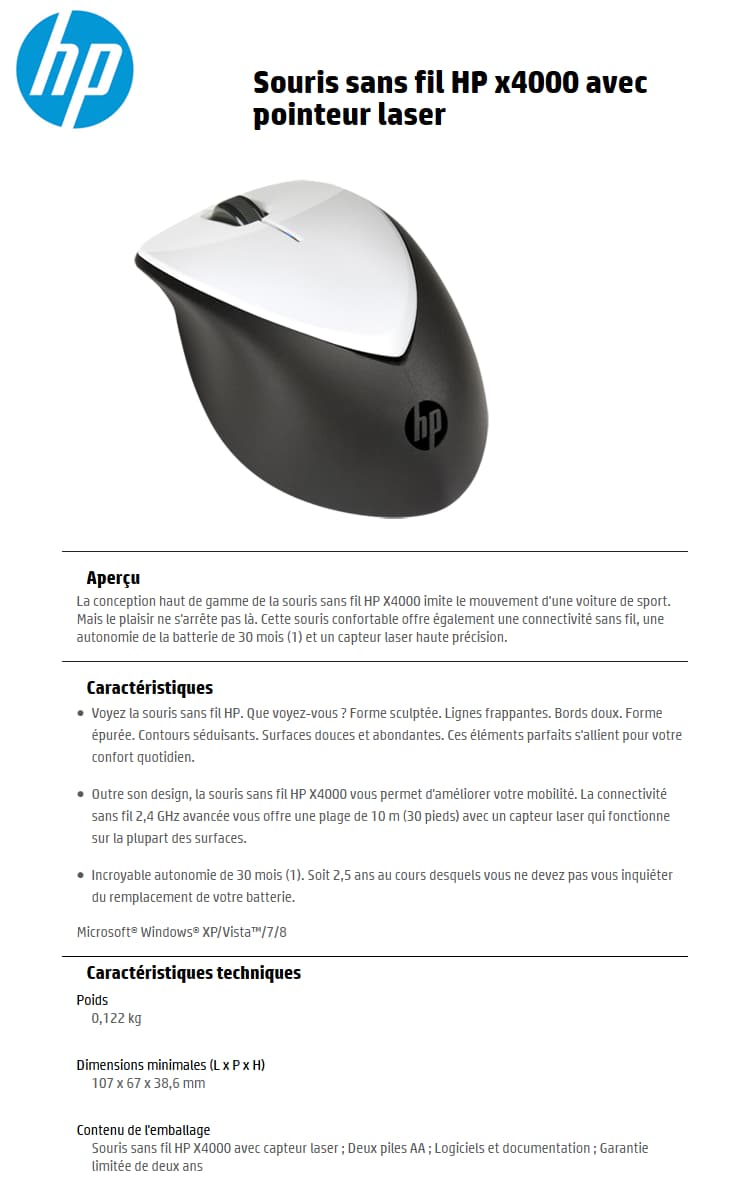 Souris sans fil HP X4000 avec pointeur laser