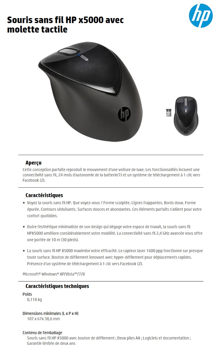 Souris sans fil HP x5000 avec molette tactile (A0X36AA)