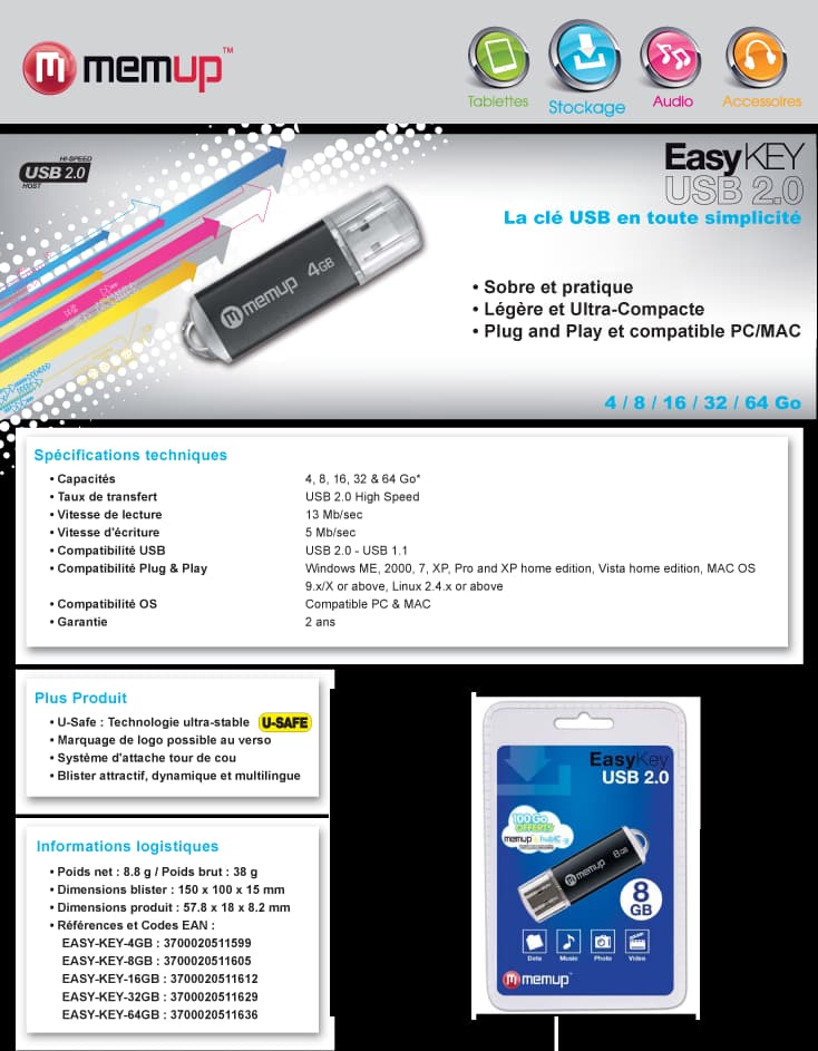 Clé USB Memup Easy Key - 8, 16 et 32 GB