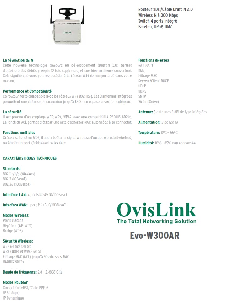 Ovislink EVO-W300AR : Routeur Wireless 802.11n à 300 Mbps