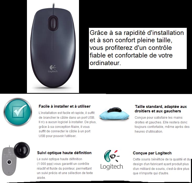 Souris filaire Logitech Mouse M100 Blanc - USB