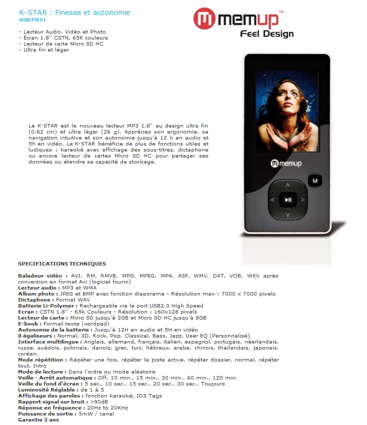 Lecteur audio/vidéo Memup K-STAR 4 GB avec FM RADIO