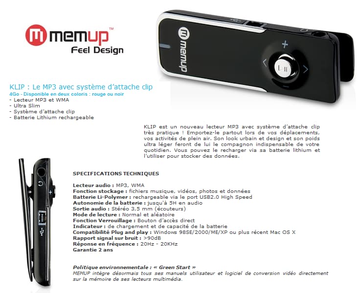 Memup Lecteur MP3 KLIP - 4 GB - Noir