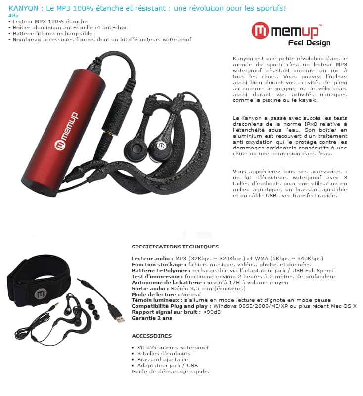 Lecteur MP3 étanche Memup Kanyon 4 Go