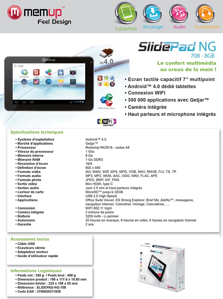 Memup tablette SlidePad NG 708