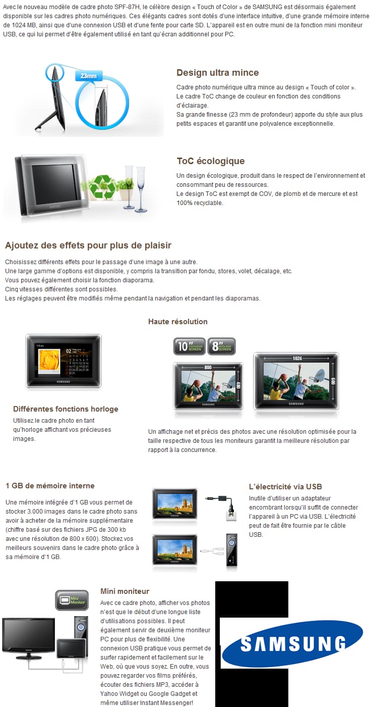 Cadre photo numérique 8’’ ultra-slim (1 Go) - SAMSUNG SPF-87H