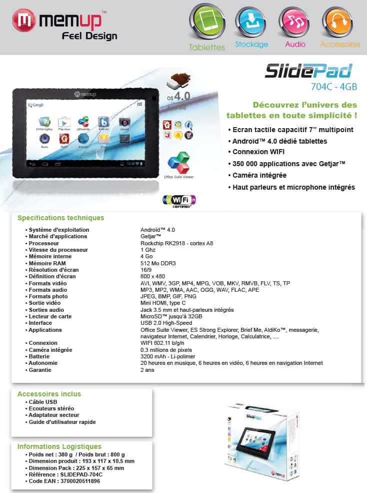 Tablette Memup Slidepad 704C