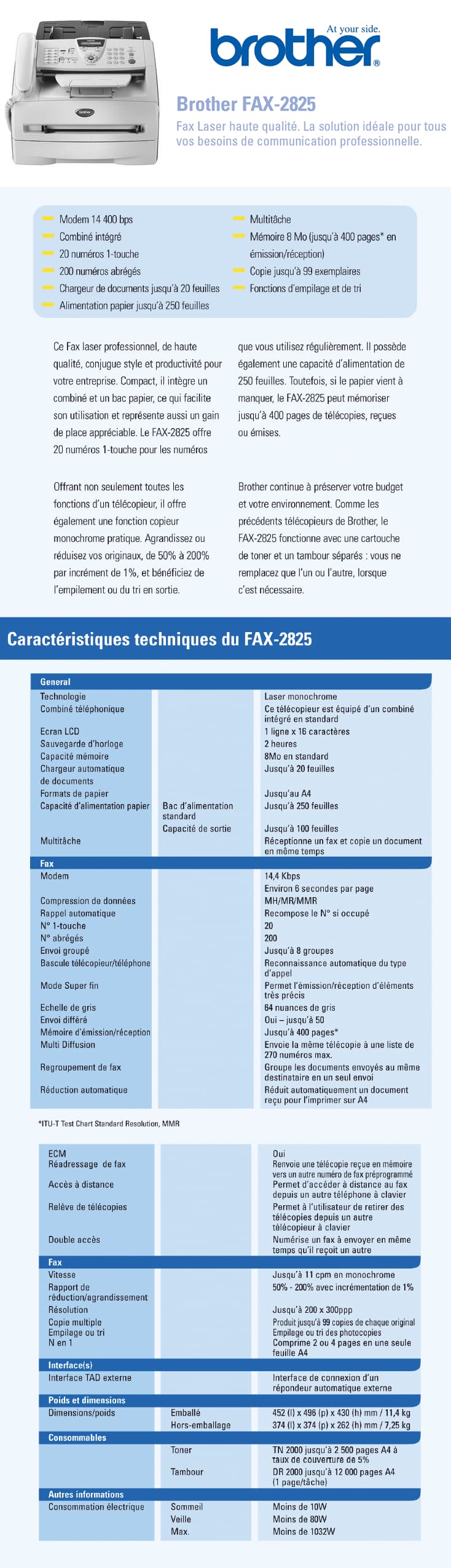 Télécopieur laser avec combiné Brother FAX-2825