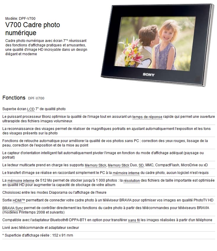 Cadre photo numérique Sony DPF-V700 - écran LCD 7"
