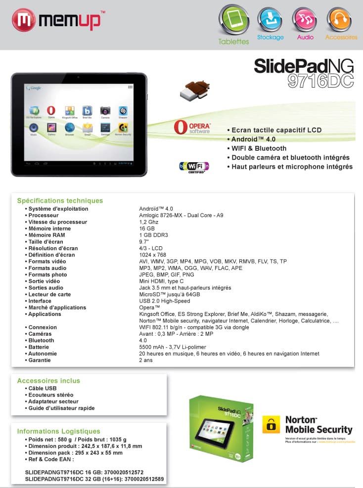 Tablette Memup SLIDEPAD NG 9716DC 9.7" Capacitif - 16 GB WiFi Bluetooth