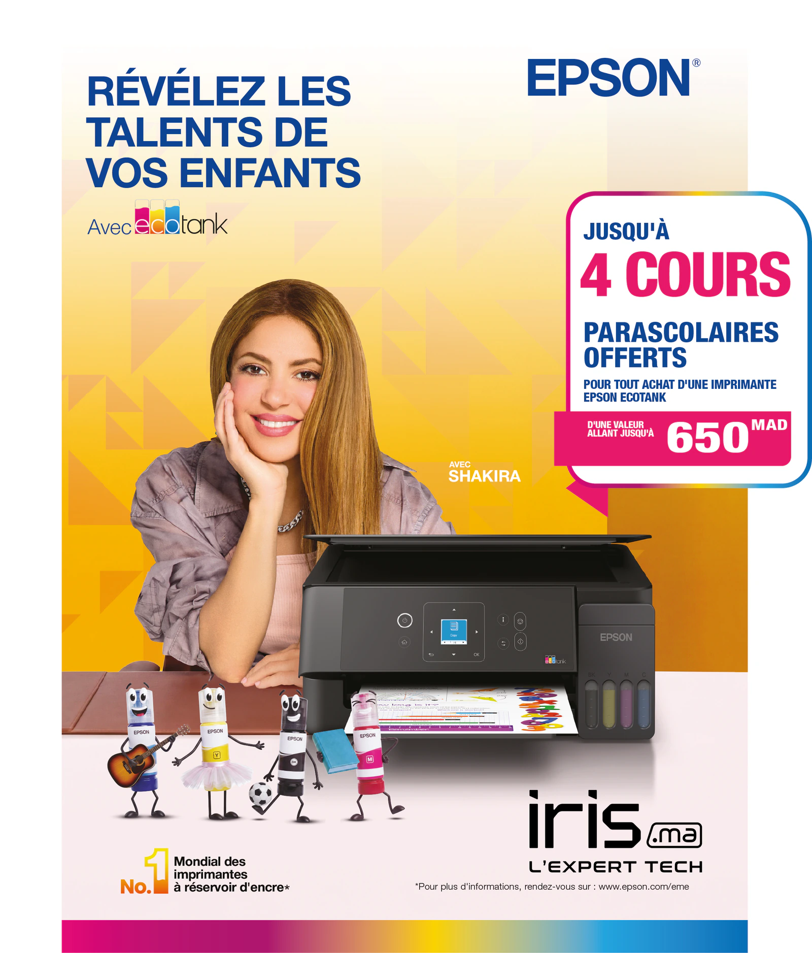 Epson EcoTank chez iris.ma — jusqu'à 4 cours parascolaires offerts, d'une valeur allant jusqu'à 650 MAD, pour tout achat d'une imprimante EcoTank
