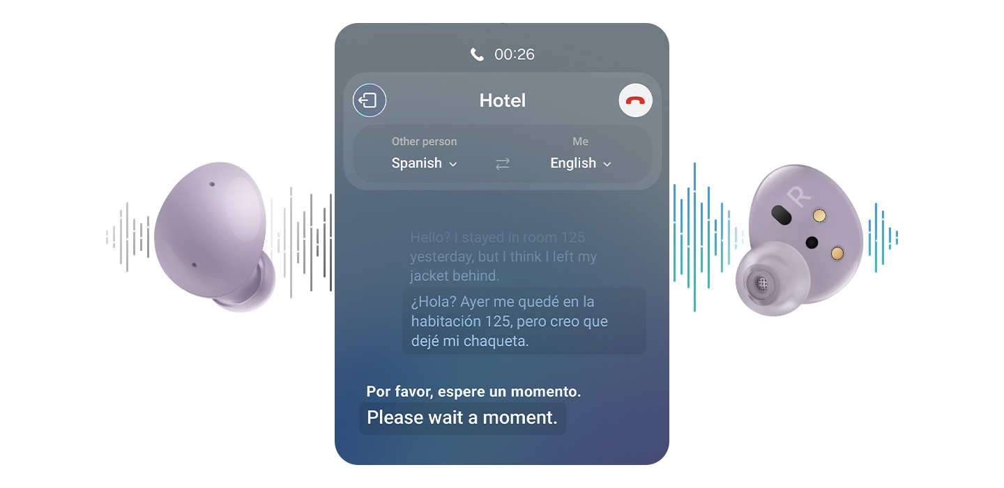 Les &eacute;couteurs des Galaxy Buds2 en Violet Bora sont visibles. Entre les &eacute;couteurs se trouve l&rsquo;interface utilisateur graphique (GUI) de Live Translate. En arri&egrave;re-plan se trouvent des ondes sonores qui indiquent une traduction en direct.