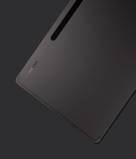 Galaxy Tab S8+ Graphite vue de l&rsquo;arri&egrave;re et l&eacute;g&egrave;rement de c&ocirc;t&eacute; pour pr&eacute;senter son design fin.