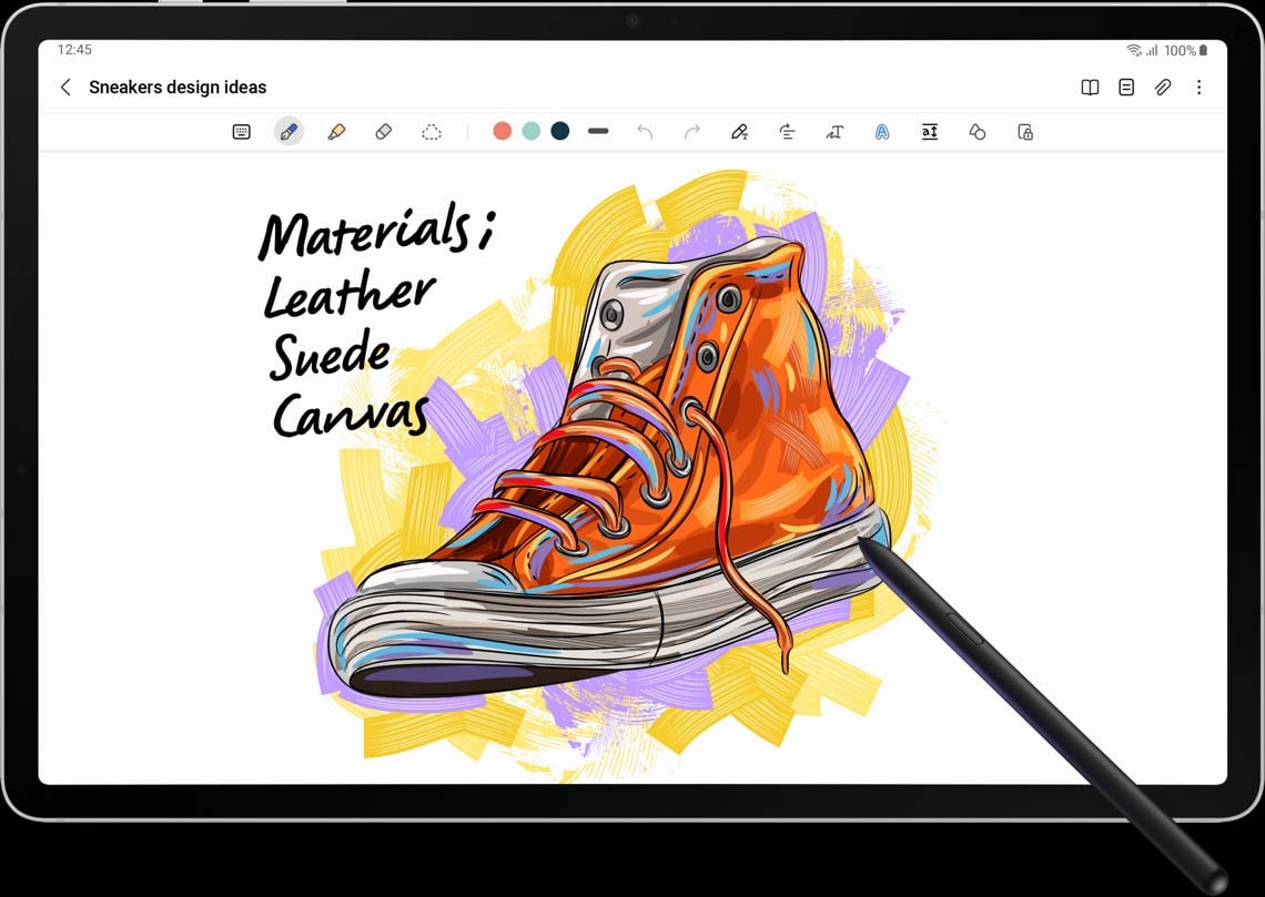Un mod&egrave;le de chaussure avec "Mat&eacute;riaux", "Daim", "Cuir" et "Toile" &eacute;crits en haut &agrave; gauche avec le S Pen sur Samsung Notes.