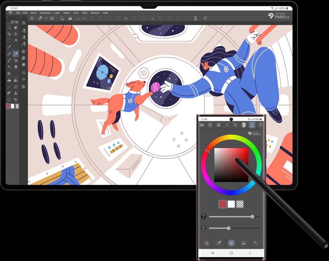 Dessin d&rsquo;une femme et d&rsquo;un chien &agrave; l&rsquo;int&eacute;rieur d&rsquo;un vaisseau spatial sur Clip Studio Paint. Le S Pen choisit les couleurs sur le Galaxy S22 Ultra comme sur une palette.