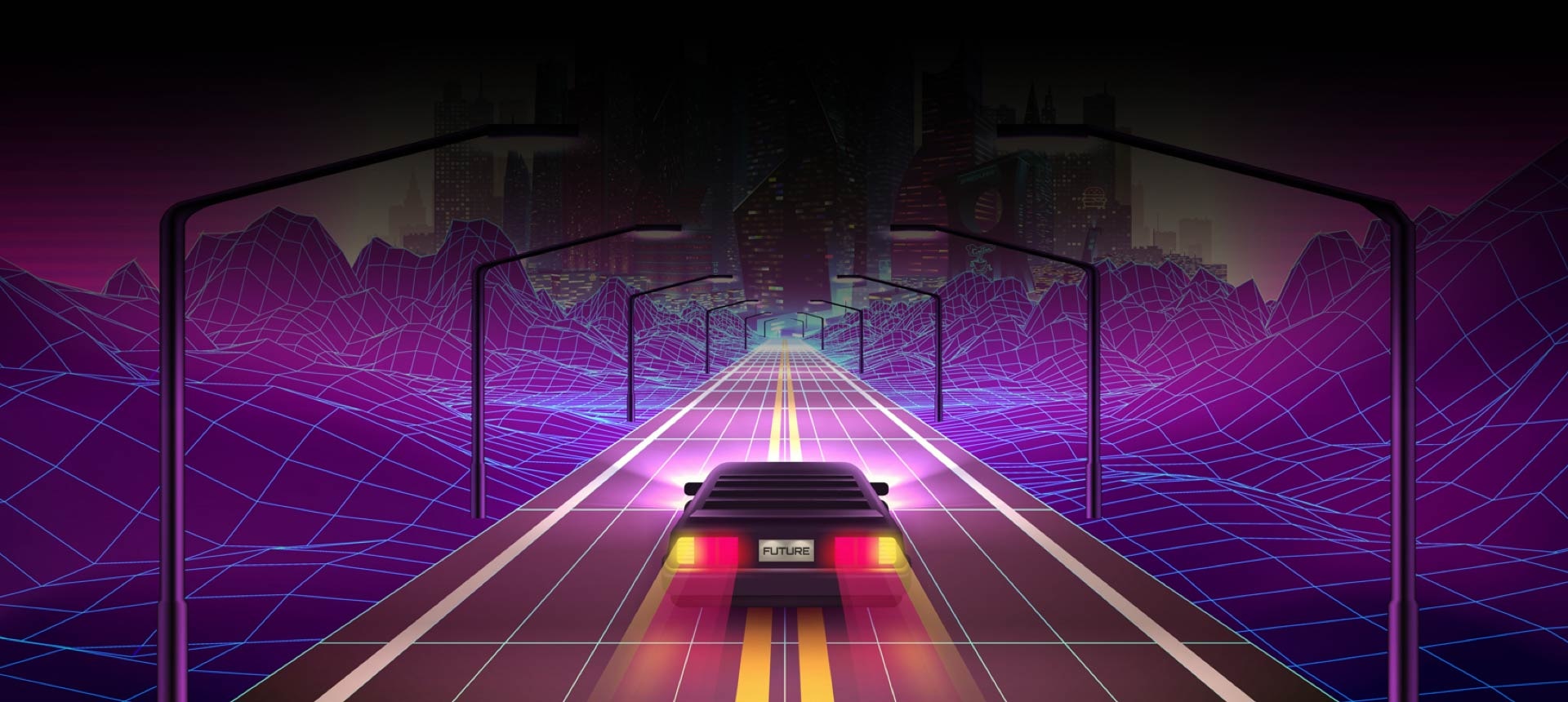 Illustration d&rsquo;un jeu de course automobile. "FUTUR" est &eacute;crit sur la plaque de la voiture. 
