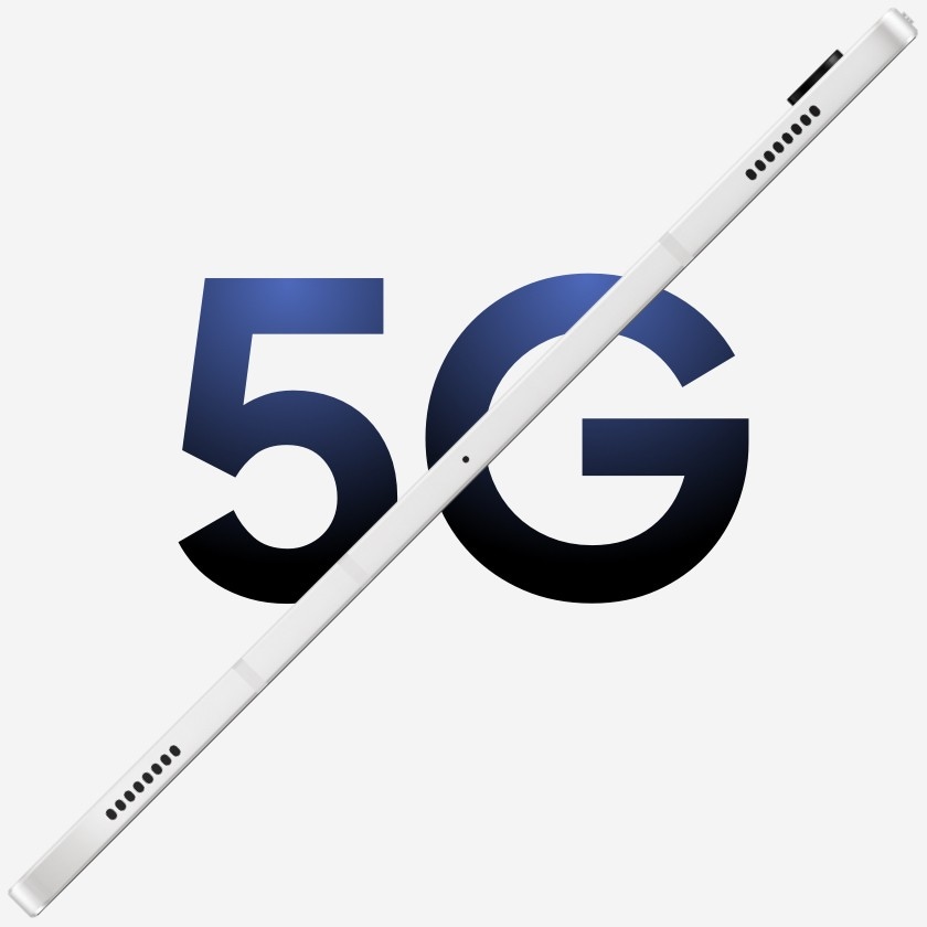 "5G" est &eacute;crit en bleu en gras avec la Galaxy Tab S8 Series Argent fine sur le c&ocirc;t&eacute; traversant en diagonale "5G".