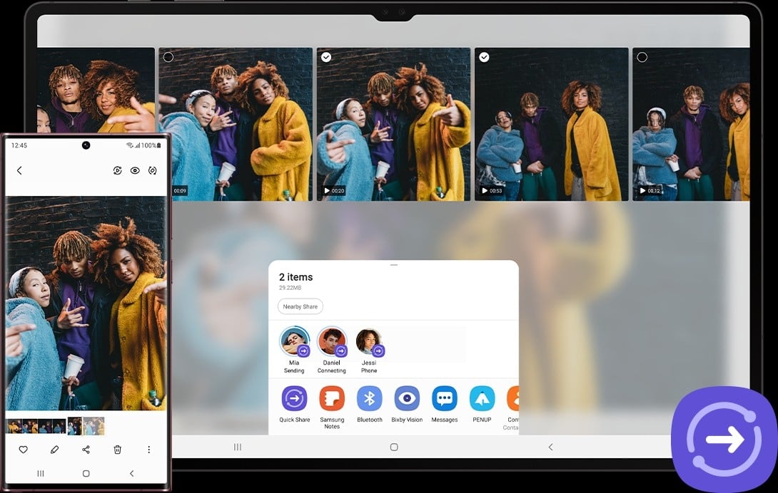 Diverses photos de trois amis sont affich&eacute;es avec la fen&ecirc;tre contextuelle Quick Share ouverte au bas de l&rsquo;&eacute;cran de la Galaxy Tab S8 Series. L&rsquo;ic&ocirc;ne Quick Share est situ&eacute;e dans le coin inf&eacute;rieur droit. Un smartphone Samsung Galaxy est sur la gauche avec un clip d&rsquo;amis ouvert, montrant que le clip a &eacute;t&eacute; envoy&eacute; de la Galaxy Tab S8 Series vers le smartphone Samsung Galaxy.