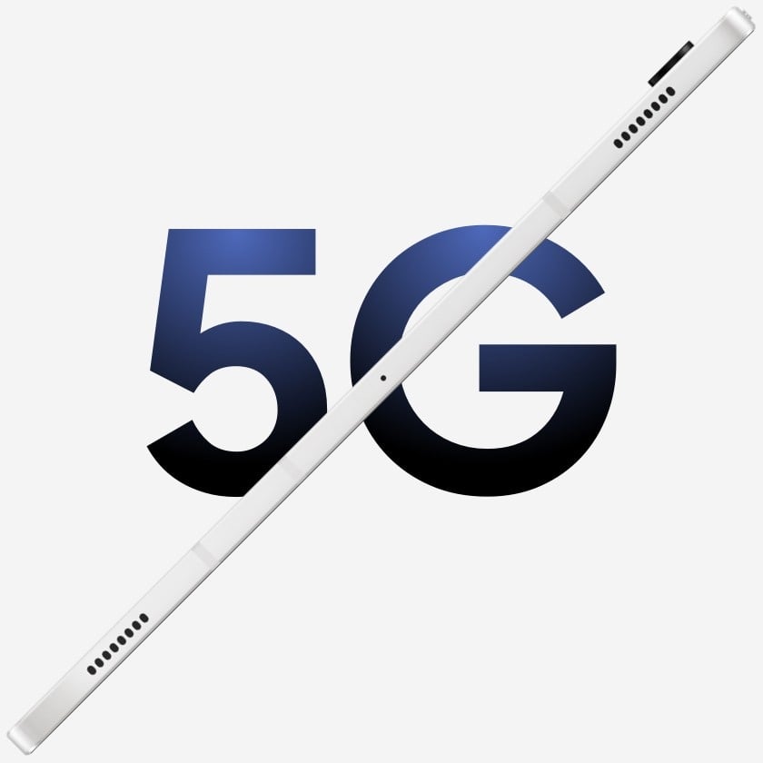 "5G" est &eacute;crit en bleu en gras avec la Galaxy Tab S8 Series Argent fine sur le c&ocirc;t&eacute; traversant en diagonale "5G".