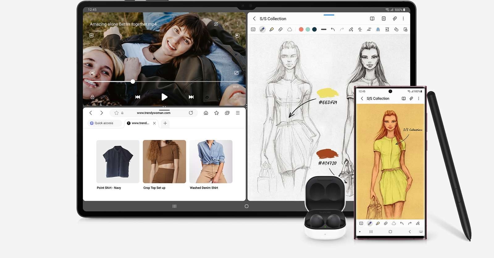 L&rsquo;&eacute;cran de la Galaxy Tab S8 Series est divis&eacute; en trois fen&ecirc;tres. Un appel vid&eacute;o avec une femme assise sur les genoux de quelqu&rsquo;un est affich&eacute; en haut &agrave; gauche. En dessous, un site d&rsquo;achat est ouvert. &Agrave; c&ocirc;t&eacute;, il y a des croquis de conception. Les Galaxy Buds2 , le Galaxy S22 Ultra avec la m&ecirc;me fen&ecirc;tre de croquis ouverte, et le S Pen sont dans le coin inf&eacute;rieur droit de la Galaxy Tab S8 Series.