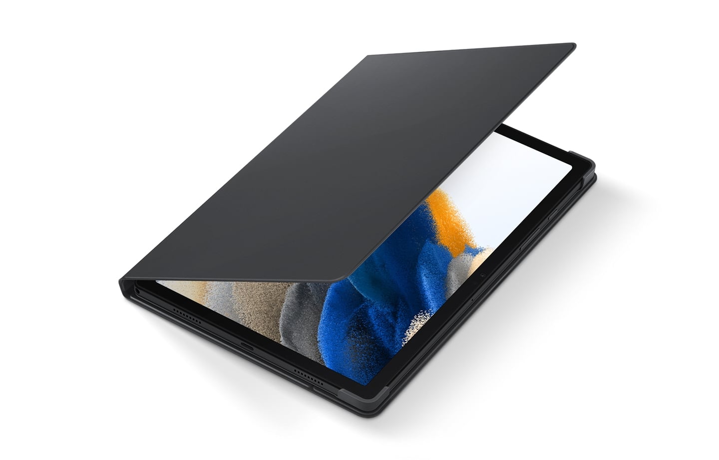 La Book Cover Galaxy Tab A8 est ouverte &agrave; moiti&eacute;, montrant l'&eacute;cran de la tablette. 
