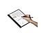 A Galaxy Tab S8 device in a Tab S8 Note View Cover shown with a person's hand writing notes using an S Pen.