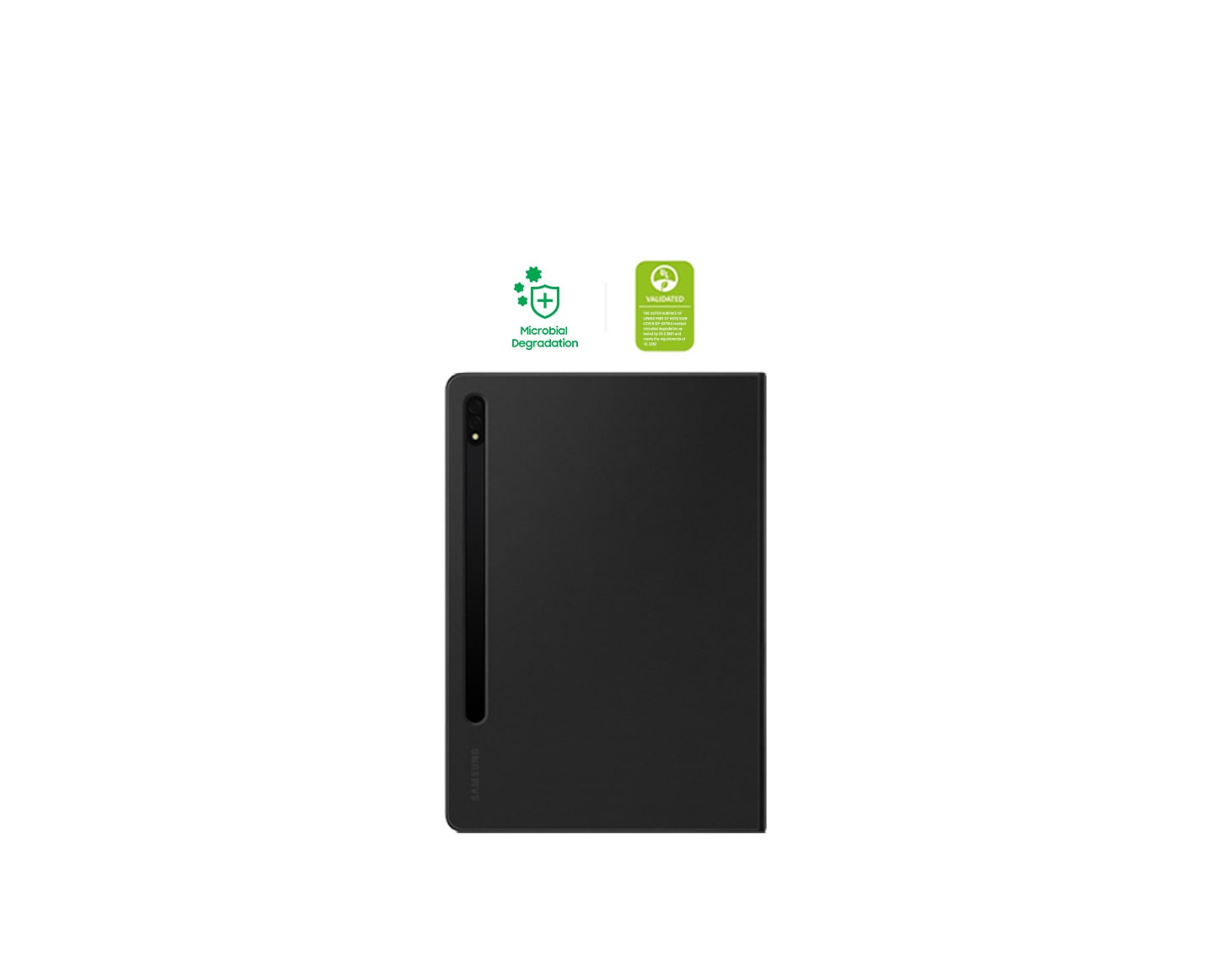 Tab S8 Note View Cover shown. Placed side by side on top are an icon representing &dagger;Antimicrobial Coating&rsquo; and the UL Environmental Claim Validation icon.