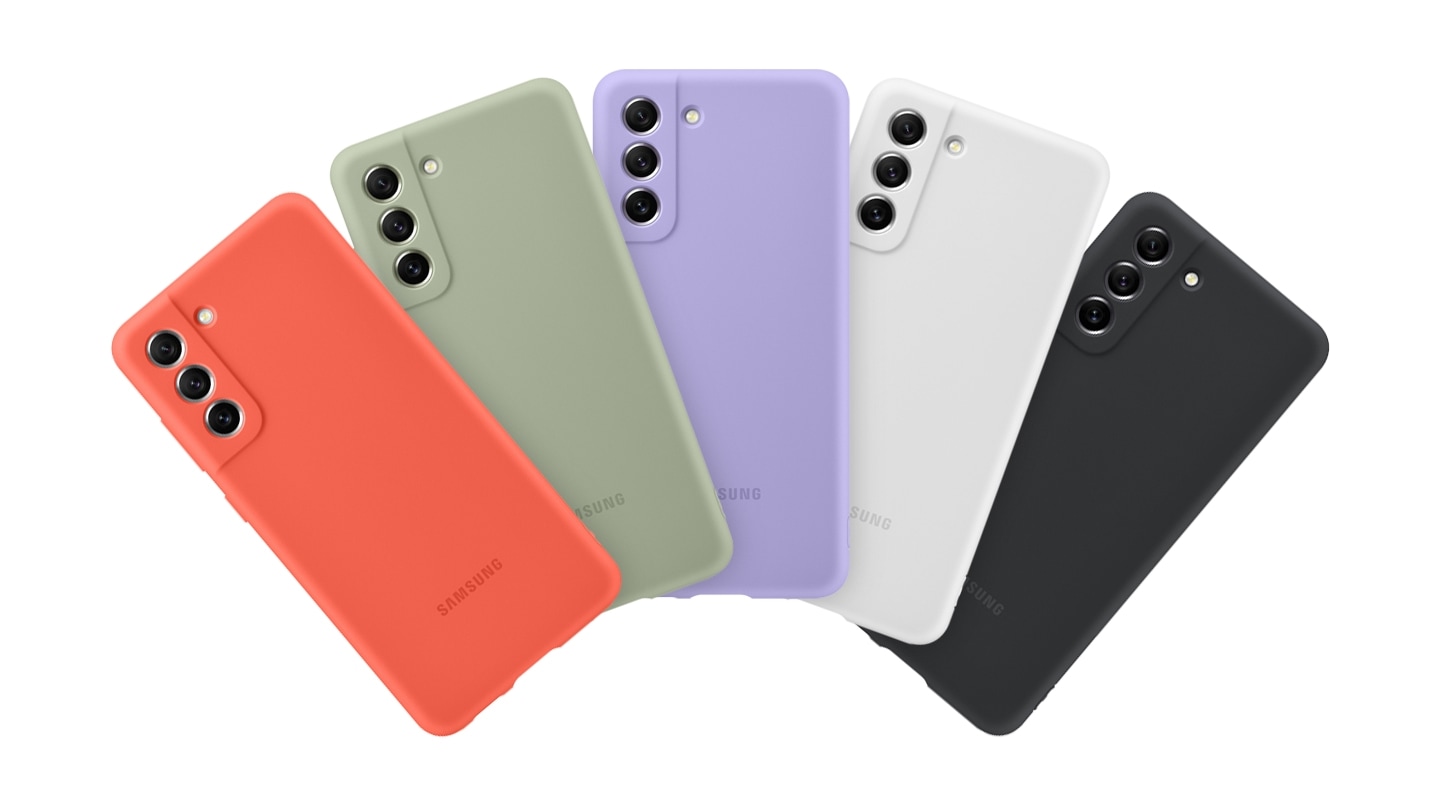Pr&eacute;sentation des diff&eacute;rentes coloris disponibles pour la coque en siliconne : Corail, Olive, Lavande, Blanc, Noir