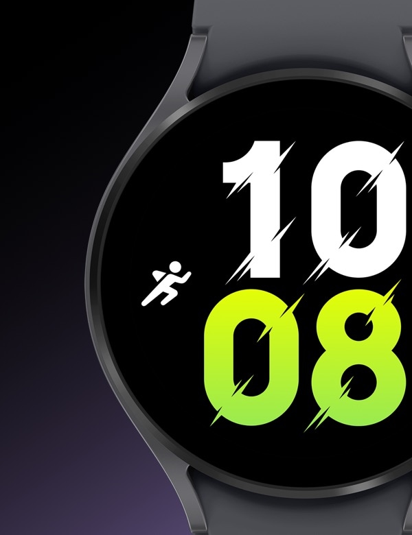 Un appareil Graphite Galaxy Watch5 montrant son cadran de montre avant qui a l'heure '10:08' affich&eacute;e.