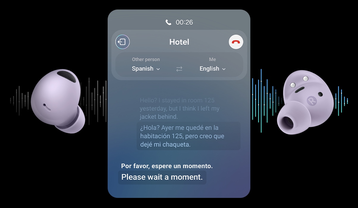 Les &eacute;couteurs des Galaxy Buds2 Pro en Violet Bora sont visibles. Entre les &eacute;couteurs se trouve l&rsquo;interface utilisateur graphique (GUI) de Live Translate. En arri&egrave;re-plan se trouvent des ondes sonores qui indiquent une traduction en direct.