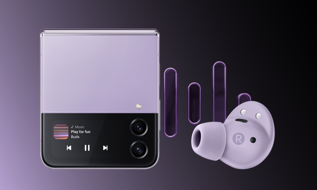 Un appareil Galaxy Flip Violet &agrave; gauche et des Buds2 Pro de la m&ecirc;me couleur &agrave; droite.