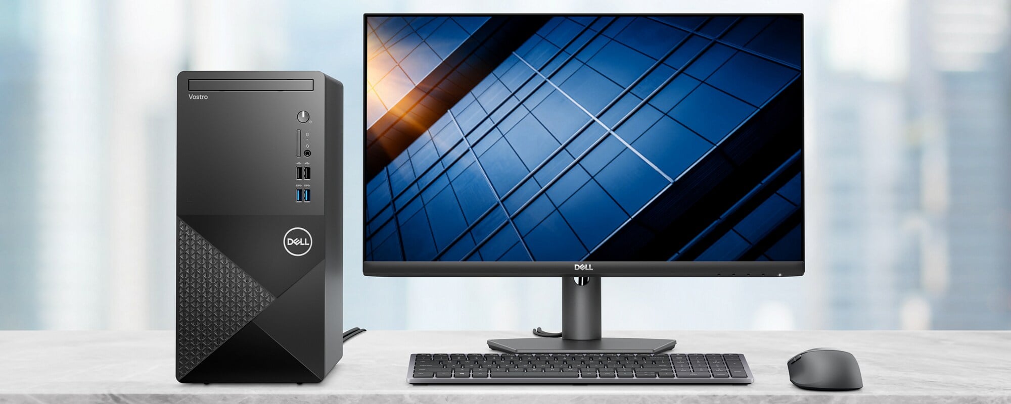 Image d&rsquo;un ordinateur de bureau avec tour Dell Vostro&nbsp;3910 connect&eacute; &agrave; un &eacute;cran, un clavier et une souris Dell.