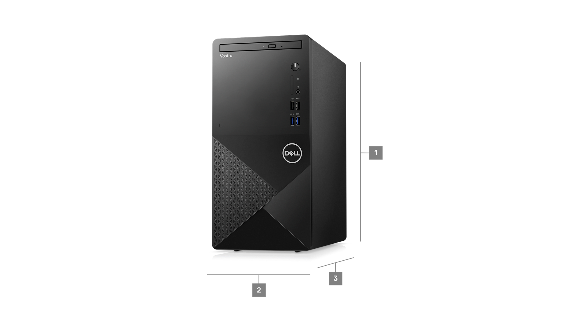 Image d&rsquo;un ordinateur de bureau avec tour Dell&nbsp;Vostro&nbsp;3910 avec des chiffres compris entre&nbsp;1 et&nbsp;3 qui indiquent les dimensions et le poids du produit.