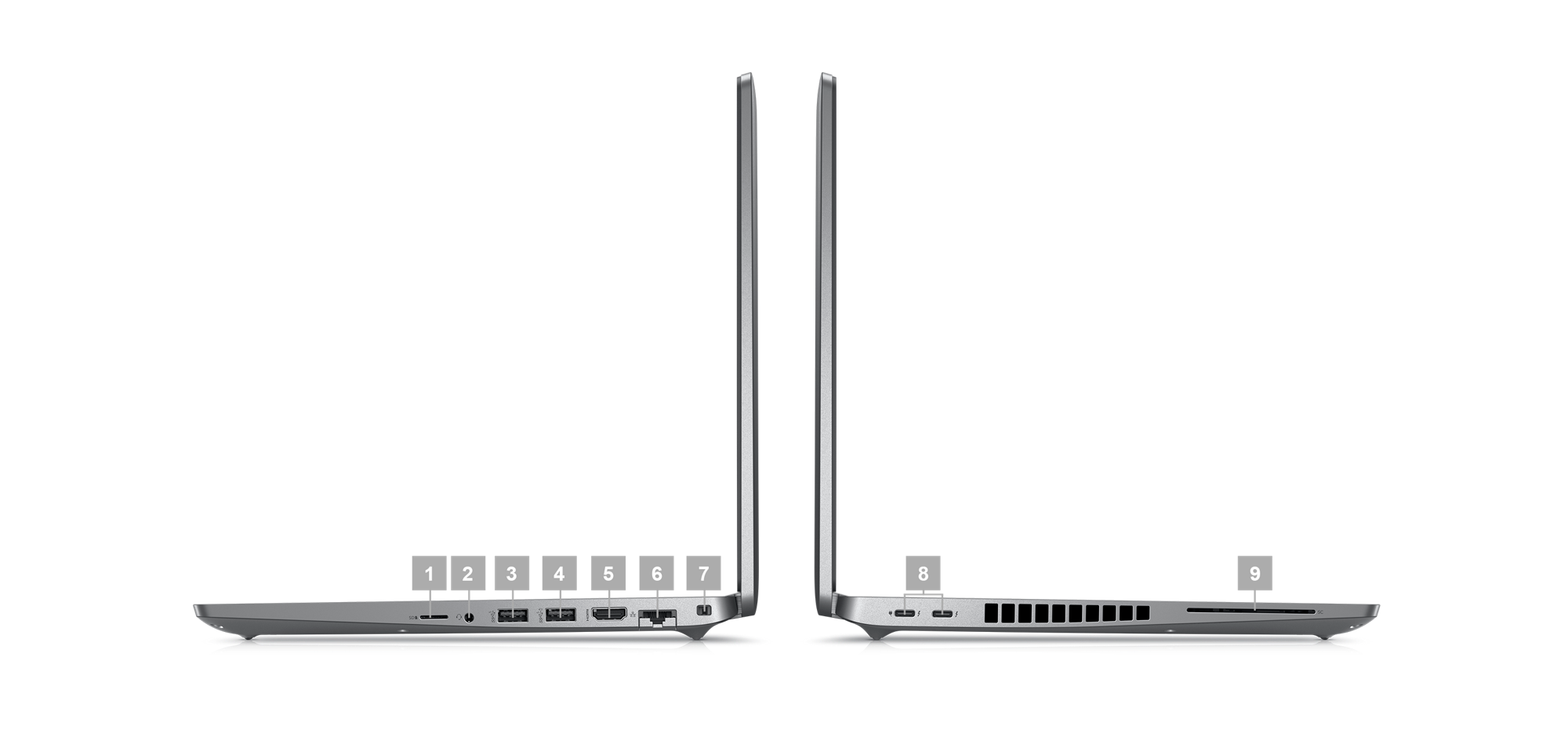 Image de deux ordinateurs portables Dell Latitude 15 5530 placés de côté avec des numéros compris entre 1 et 9 indiquant les ports présents sur le produit.
