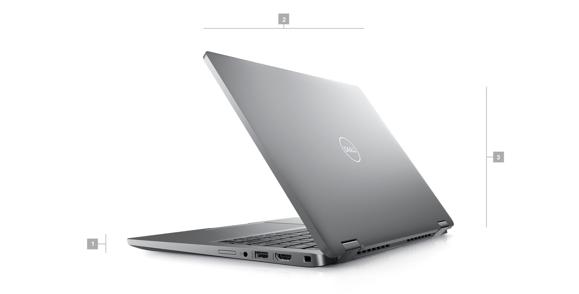 Image d’un ordinateur Dell Latitude 15 5530 avec l’arrière visible et les chiffres 1 à 3 qui indiquent les dimensions et le poids du produit.