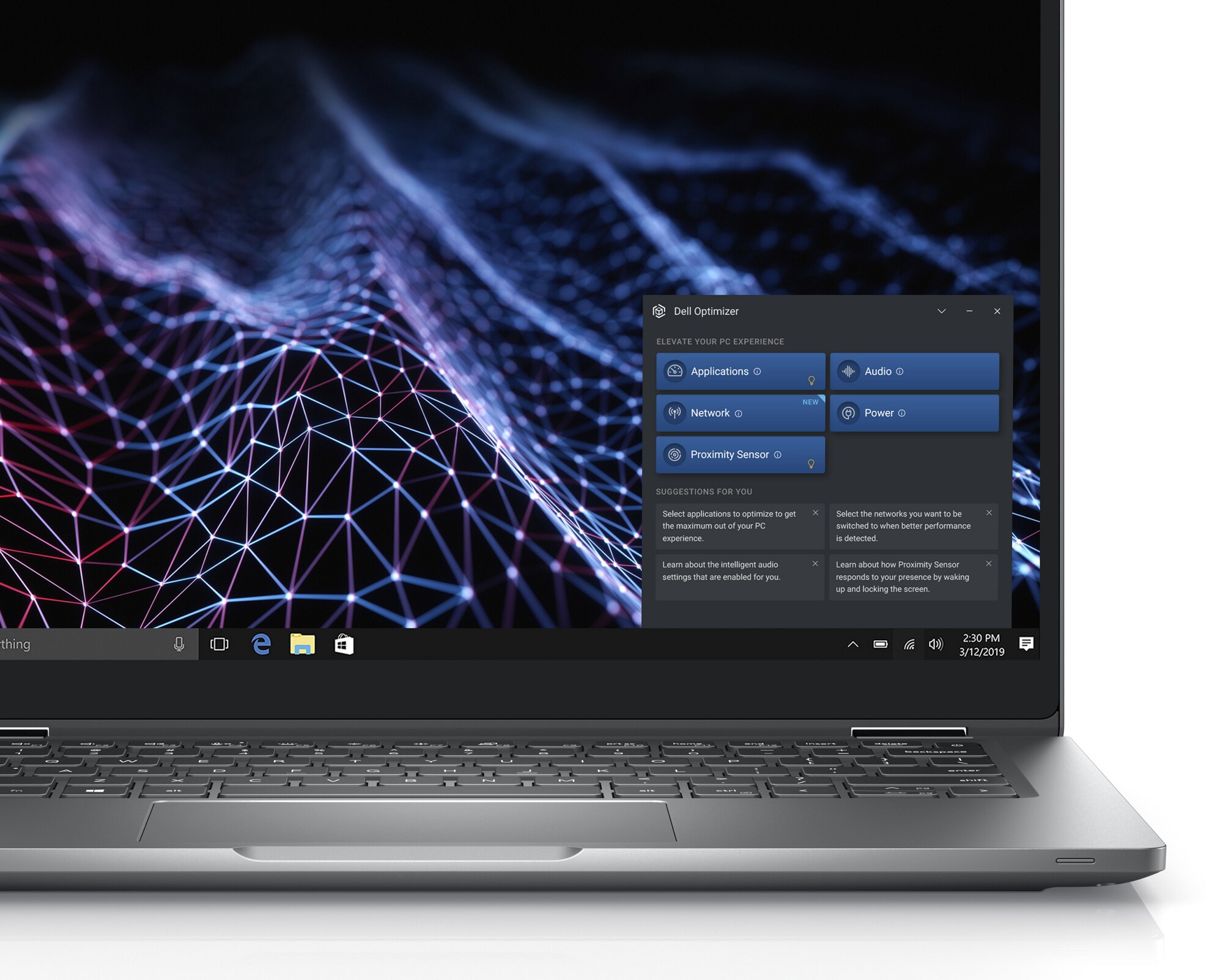 Photo d&rsquo;un ordinateur portable&nbsp;Dell&nbsp;Latitude&nbsp;13&nbsp;5330 2-en-1 avec l&rsquo;outil&nbsp;Dell&nbsp;Optimizer visible sur le c&ocirc;t&eacute; droit de l&rsquo;&eacute;cran.