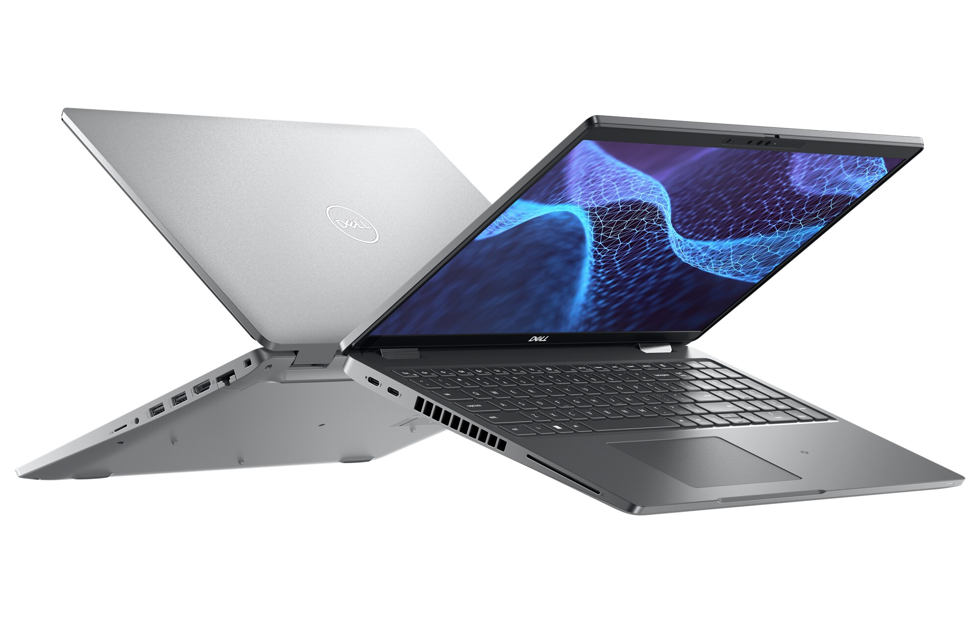 Image de deux&nbsp;ordinateurs portables&nbsp;Dell&nbsp;Latitude&nbsp;15&nbsp;5530, l&rsquo;un vu de face, l&rsquo;autre vu de dos, montrant la conception du produit.