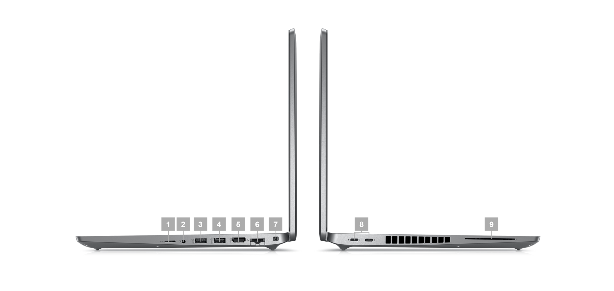 Image de deux&nbsp;ordinateurs portables&nbsp;Dell&nbsp;Latitude&nbsp;15&nbsp;5530 plac&eacute;s de c&ocirc;t&eacute; avec des num&eacute;ros compris entre&nbsp;1 et&nbsp;9 indiquant les ports pr&eacute;sents sur le produit.