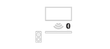 Illustration montrant un téléviseur, ainsi qu'une barre de son et un caisson de basses connectés sans fil