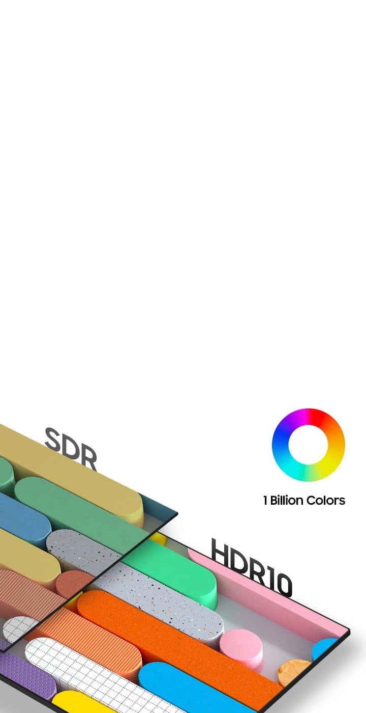 A brightly colored set of shapes is split into two squares. The left side shows SDR while the right side shows HDR10 and its enhanced color benefits.