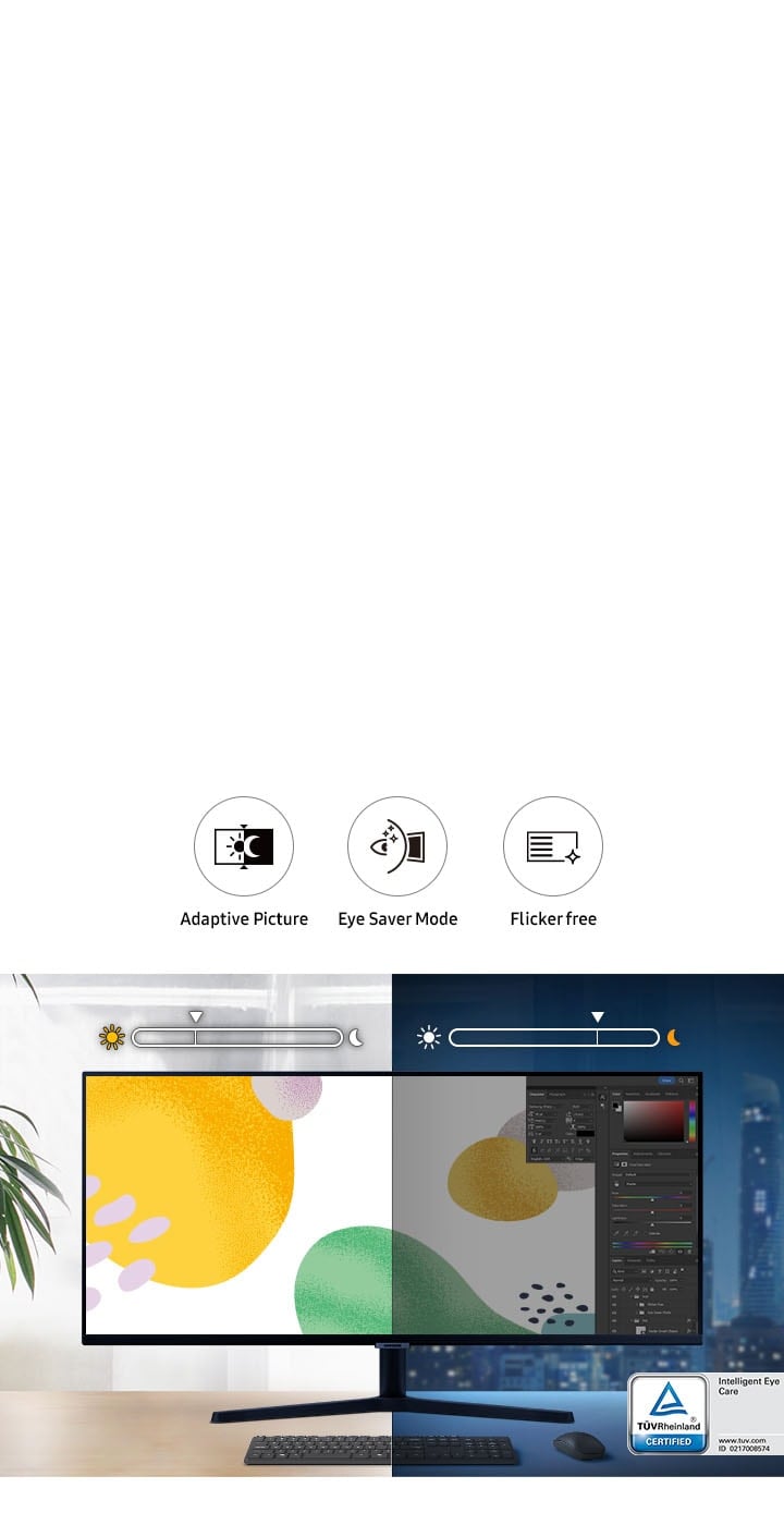 S50GC monitor is split into two sections. The left side is brightly lit while the right side is in darkness, demonstrating auto brightness adjustment based on surrounding light. The three icons on top of the monitor read, “Adaptive Picture, Eye Saver Mode and Flicker Free.”