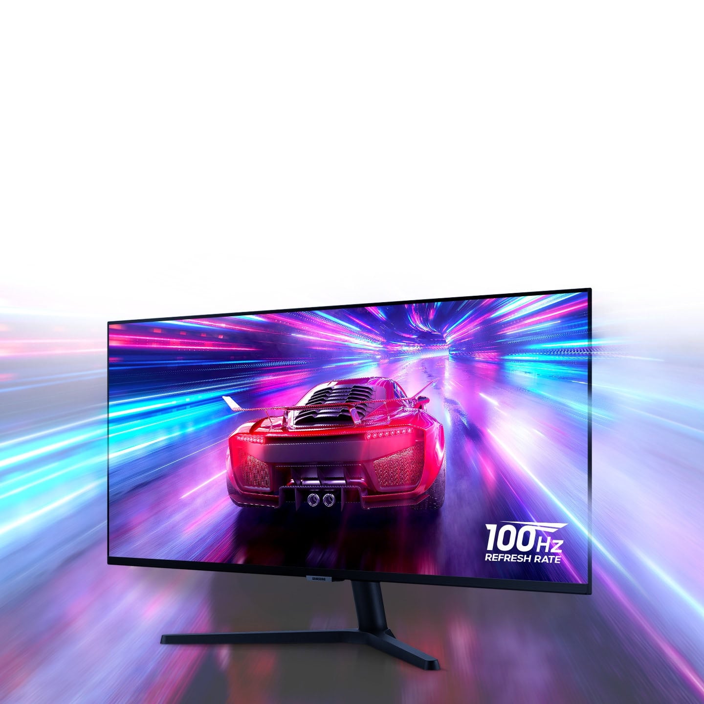 S50GC monitor shows a car speeding away from the camera in a multi-colored tunnel. The smooth picture even at high-speed demonstrates the 100Hz refresh rate.