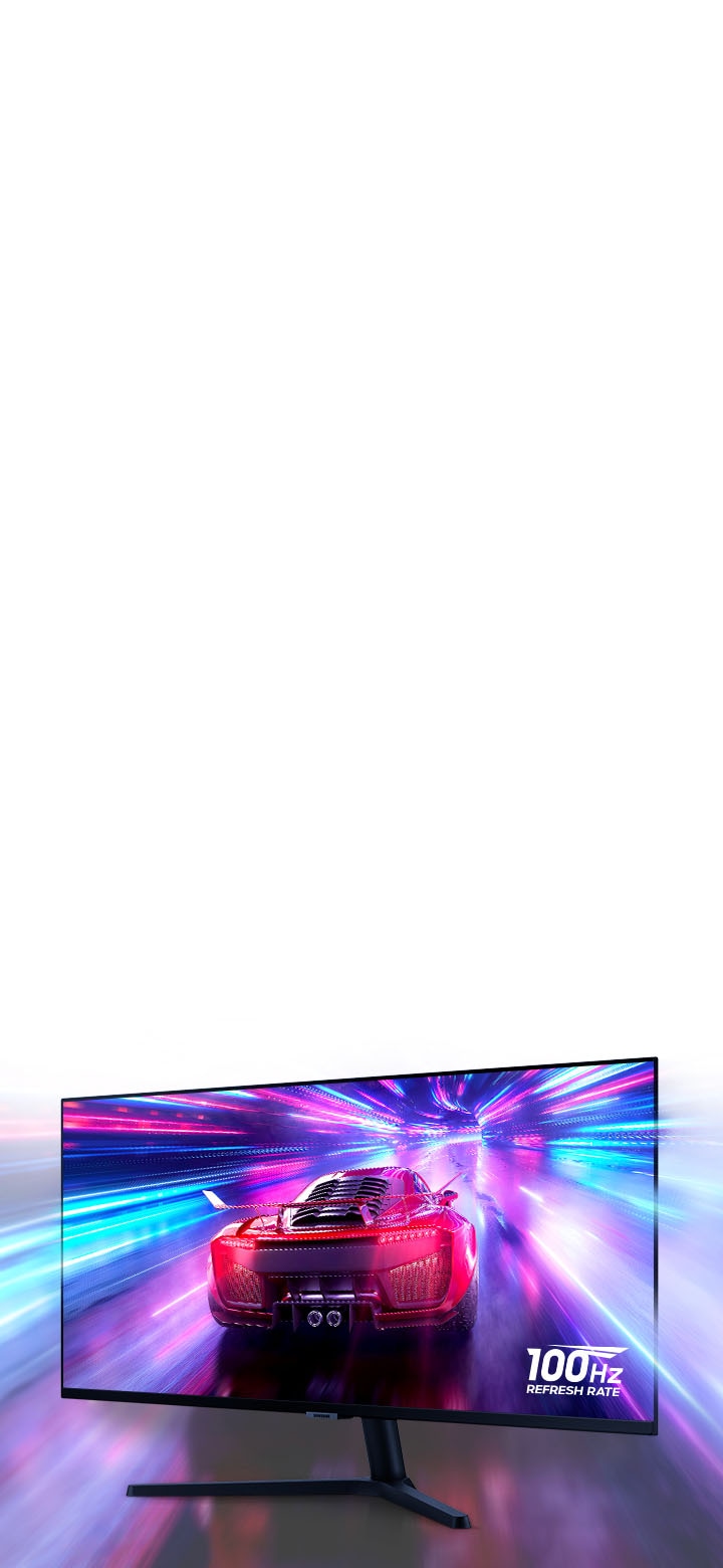 S50GC monitor shows a car speeding away from the camera in a multi-colored tunnel. The smooth picture even at high-speed demonstrates the 100Hz refresh rate.