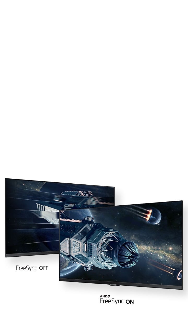 Two S50GC monitors side by side show the same spaceship. The left side is FreeSync Off while the right side is FreeSync On, demonstrating the impact of FreeSync in preventing screen tearing.