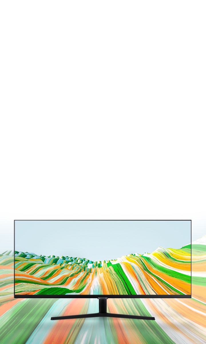 S50GC monitor Is placed with the colorful mountains in the background and displaying the same background on the screen to show the bezel-less design.