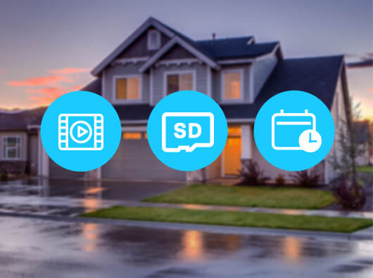 une ic&ocirc;ne d'enregistrement de vid&eacute;os, une ic&ocirc;ne de carte SD, une ic&ocirc;ne de minuterie