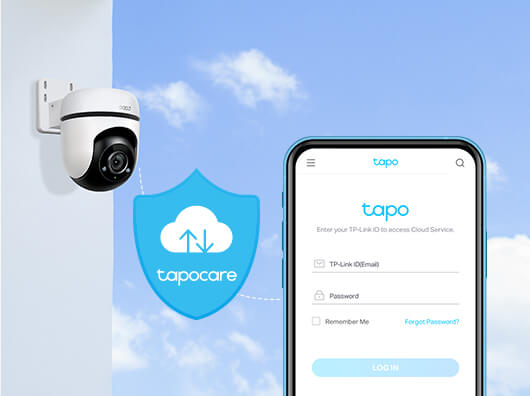 Le Tapo C500, une ic&ocirc;ne tapocare et l'application Tapo sont affich&eacute;s sur un t&eacute;l&eacute;phone.