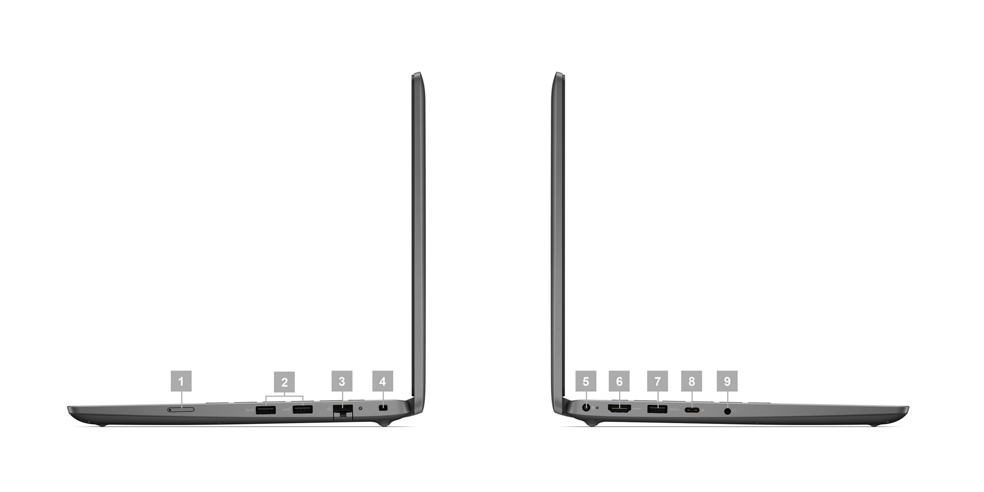 Ordinateur portable&nbsp;Dell&nbsp;Latitude&nbsp;14&nbsp;3440 avec des num&eacute;ros allant de&nbsp;1 &agrave;&nbsp;9 indiquant les ports et les logements du produit.